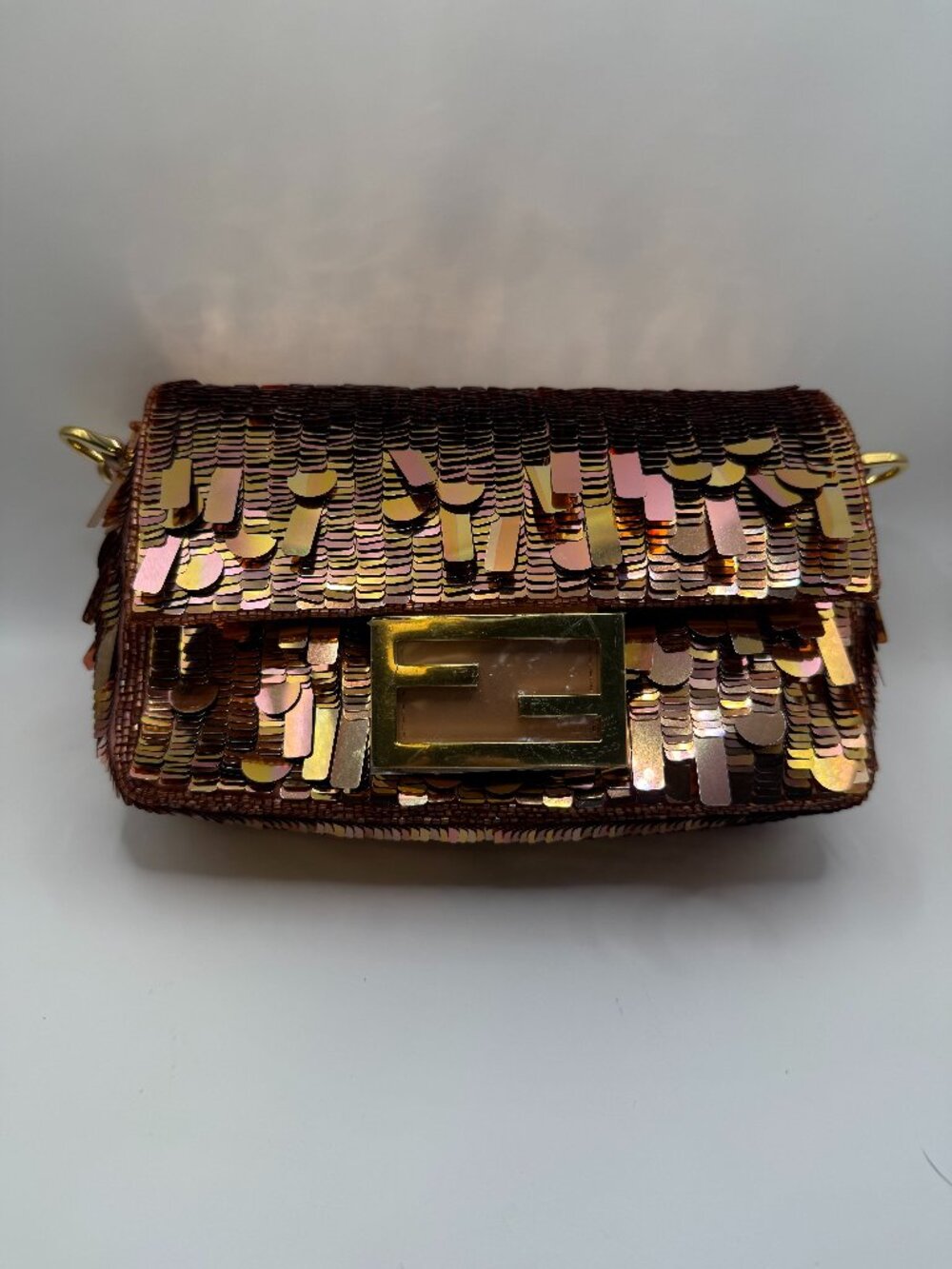 Fendi Zucca FF baguette pink sequin gold hardware